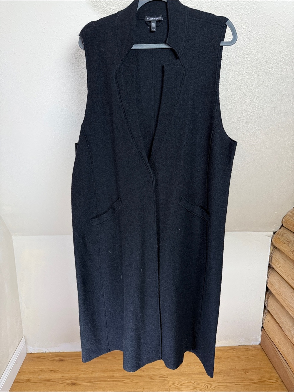 EILEEN FISHER LONG BLACK WOOL VEST SIZE XL